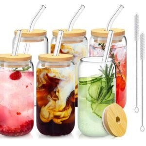Juego de 6 tazas，Vaso de 6 piezas con tapa de bambú y pajita, 500 ml, taza de café helado con tapa de madera, vaso esencial para uso doméstico, adecuado para cerveza, cóctel, té y café con leche.