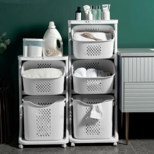 Livingandhome Laundry Basket – 2/3-Tier Rolling Clothes Organizer with Wheels for Bathroom Storage